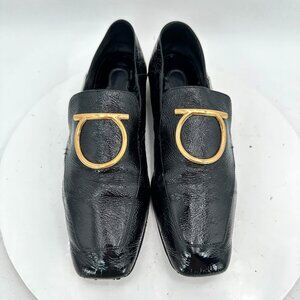 Salvatore Ferragamo Lana Women Size 8B Black Crinkled Patent Leather Loafer Shoe